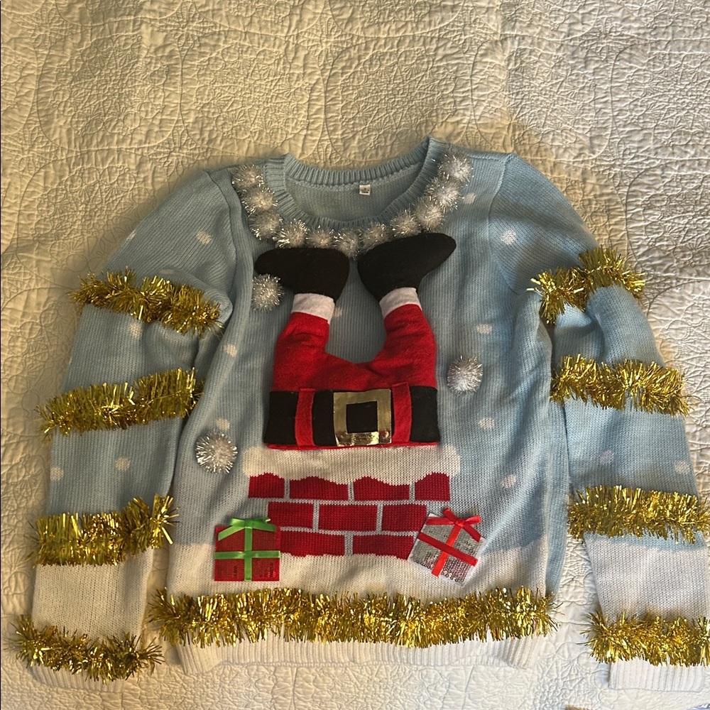 Ugly Christmas Sweater Santa Chimney Blue Sweater